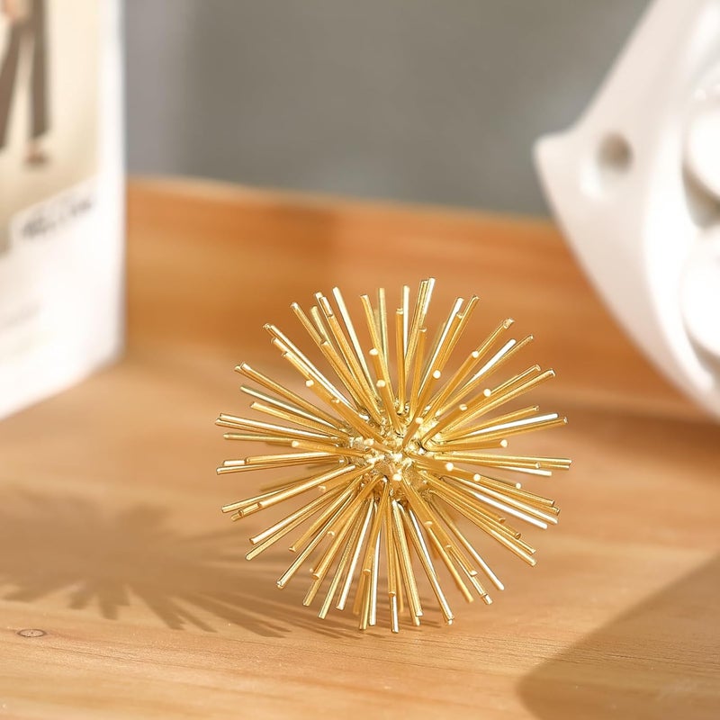 Mocome Gold Sphere Decor, Metal Gold Starburst Tabletop Sculpture Decor, Modern Metal Starburst Centerpiece, Spike Ball Decoration for Home Decor - Image 3